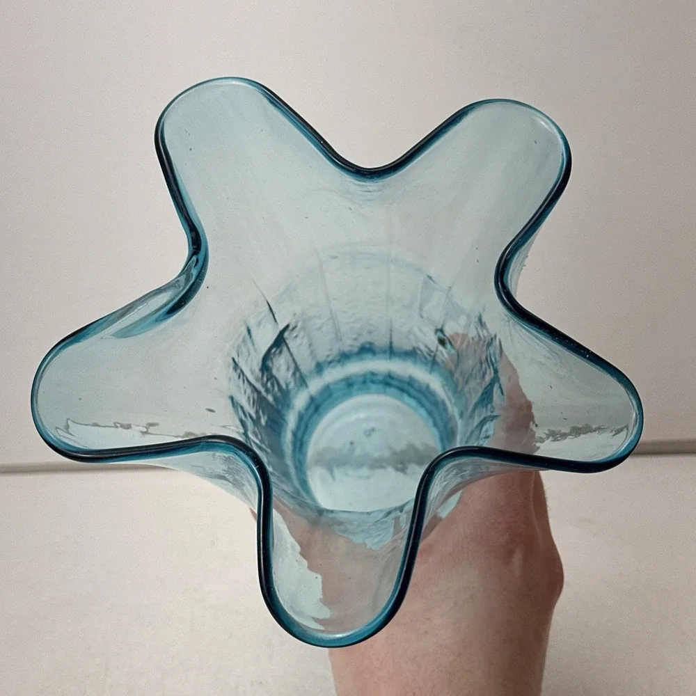 Vintage Glass Crimped Star Shaped Top Vase Turquoise 9